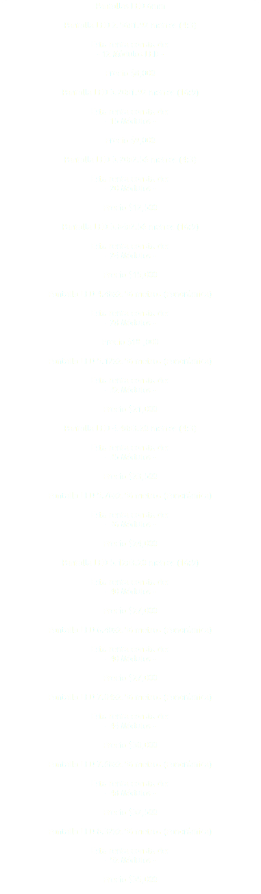 Pantallas LED 6mm Pantalla LED 2.56x1.92 metros (4:3) Esta renta consta de: - 12 Módulos LED - Precio $8,000 Pantalla LED 3.20x1.92 metros (16:9) Esta renta consta de: - 15 Módulos - Precio $9,000 Pantalla LED 3.20x2.56 metros (4:3) Esta renta consta de: - 20 Módulos - Precio $12,500 Pantalla LED 3.84x2.56 metros (16:9) Esta renta consta de: - 24 Módulos - Precio $15,000 Pantalla LED 4.48x2.56 metros (Panorámica) Esta renta consta de: - 28 Módulos - Precio $18 ,000 Pantalla LED 5.12x2.56 metros (Panorámica) Esta renta consta de: - 32 Módulos - Precio $21,000 Pantalla LED 4.48x3.20 metros (4:3) Esta renta consta de: - 35 Módulos - Precio $23,500 Pantalla LED 5.76x2.56 metros (Panorámica) Esta renta consta de: - 36 Módulos - Precio $24,000 Pantalla LED 5.12x3.20 metros (16:9) Esta renta consta de: - 40 Módulos - Precio $27,000 Pantalla LED 6.40x2.56 metros (Panorámica) Esta renta consta de: - 40 Módulos - Precio $27,000 Pantalla LED 7.04x2.56 metros (Panorámica) Esta renta consta de: - 44 Módulos - Precio $30,000 Pantalla LED 7.68x2.56 metros (Panorámica) Esta renta consta de: - 48 Módulos - Precio $32,500 Pantalla LED 8.32x2.56 metros (Panorámica) Esta renta consta de: - 52 Módulos - Precio $35,000 